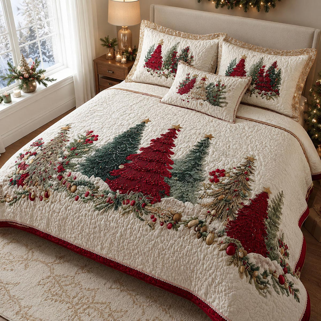 Christmas Tree Pattern Blanket, Christmas Quilted Bedding Set, Custom Christmas Quilt with Pillow Covers, Christmas Bedding Decor QBEDSET35