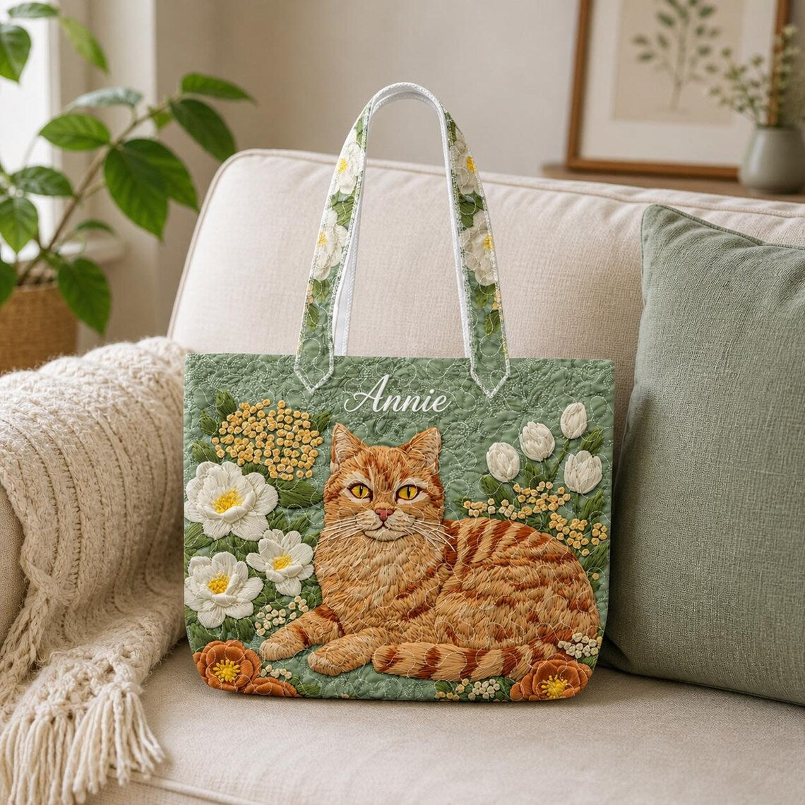 Flower Cat Quilted Tote Bag, Cat Shoulder Bag, Cat Art Tote, Shoulder Bag, Gift Bag QTOTE25