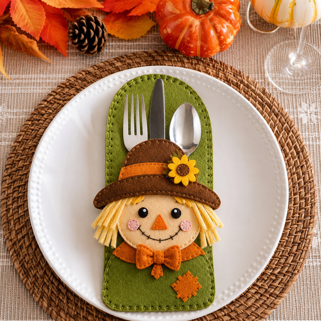 Handmade Felt Fall Season Cutlery Holder, Figurehead Silverware Holder, Cute Fall and Halloween Table Decor, Thanksgiving Cutlery Pocket, Holiday Dining Decor FELTCH01