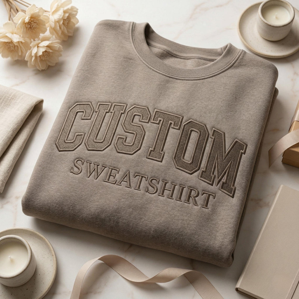 Personalized Custom Name & Font Embroidered Shirt, Collegiate Varsity Embroidery Sweatshirt, Taupe Crewneck Custom Apparel