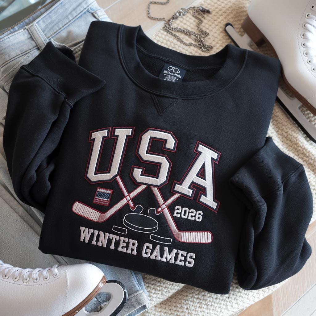 Embroidered USA Hockey Shirt 2026 Winter Games, Retro Varsity Sports Fan Gift, Vintage American Ice Hockey T-Shirt, Patriotic Team Support
