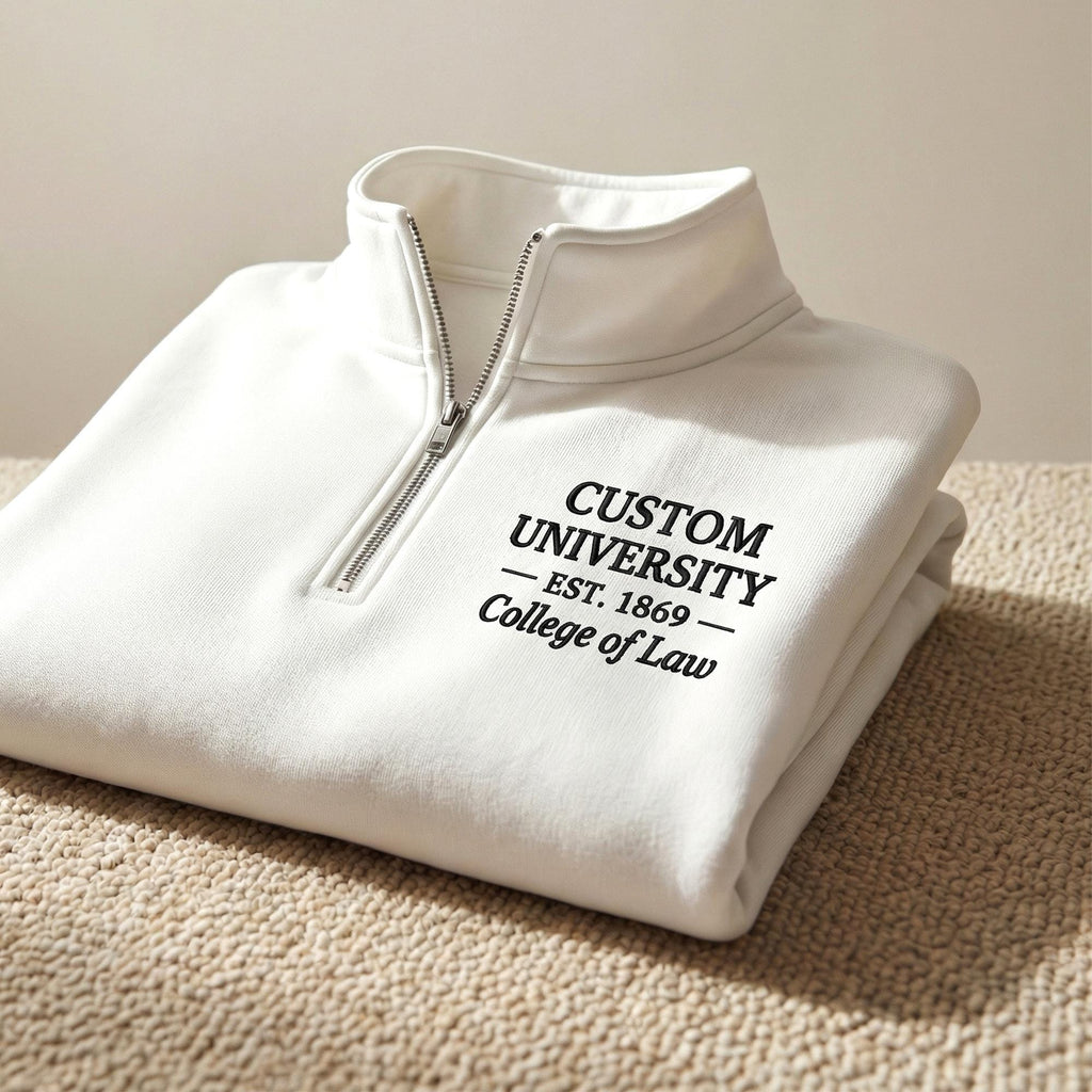 Custom College Embroidered Quarter Zip Sweatshirt - College Sweatshirt With Degree - School of Law - Graduation Gift, Alumni Gift