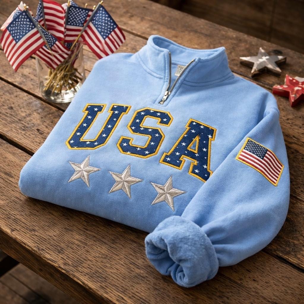 Embroidered America 250th Anniversary Quarter Zip, Celebrate Our 250th Anniversary Sweater, Usa Flag on Sleeve, Unisex Independence Day Gift