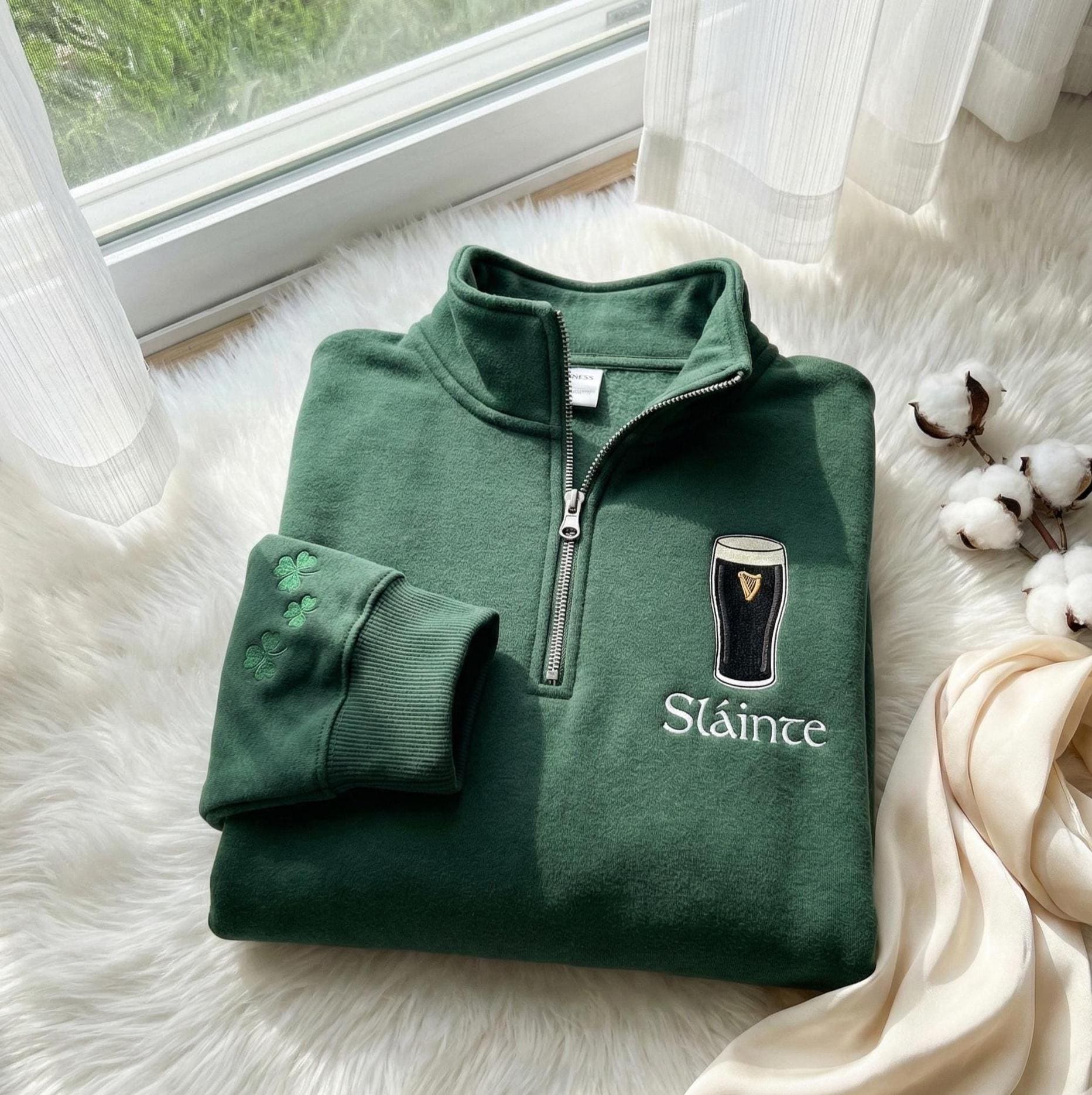 Embroidered Sláinte Guinness Quarter Zip Sweatshirt, Irish Drinking Design, St Patrick’s Day Gift