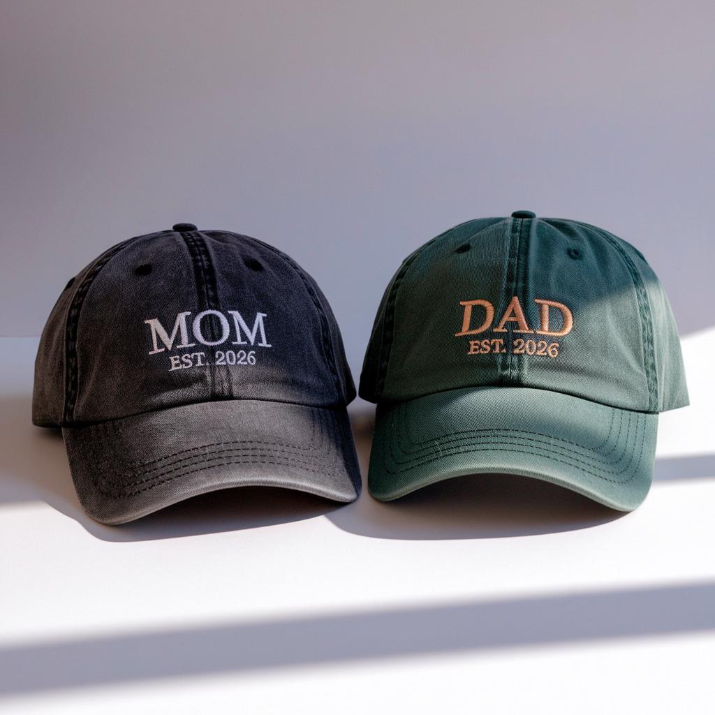 Custom Embroidered New Mom Dad Washed Baseball Cap, Mama Papa EST 2026 Matching Cap, New Parents Embroidery Hat, Couple Gift Hat