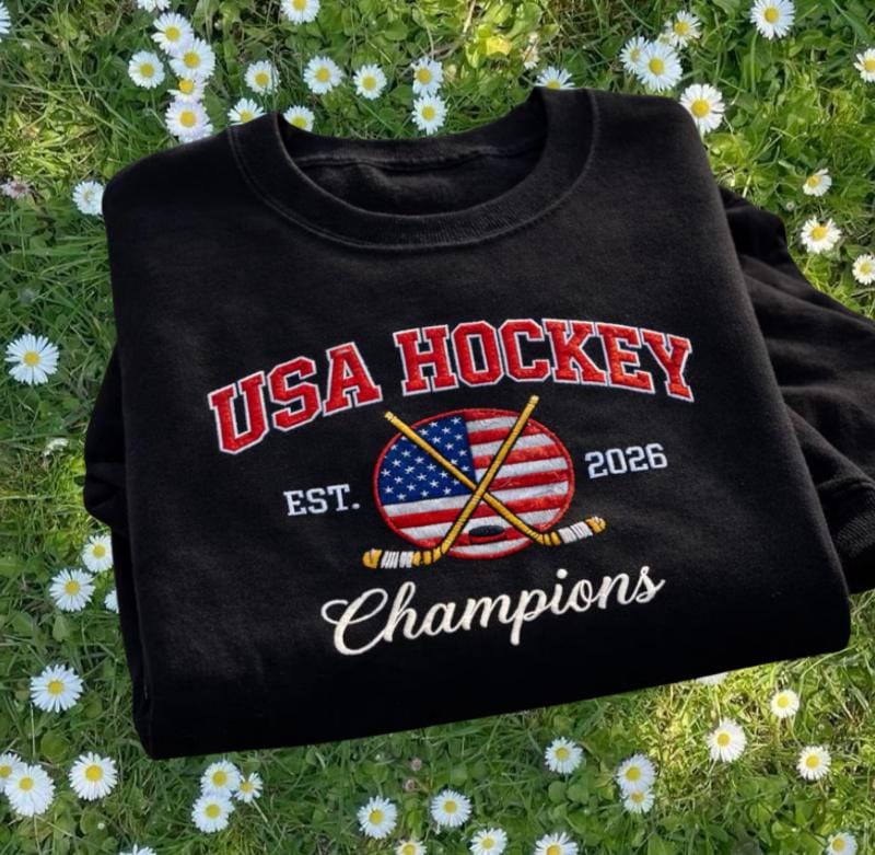 Embroidered USA Ice Hockey Sweatshirt, Winter Sports Champions Tee, Quinn Hughes Jack Hughes Shirt, USA Mens Hockey Gold Medal Fans Gift
