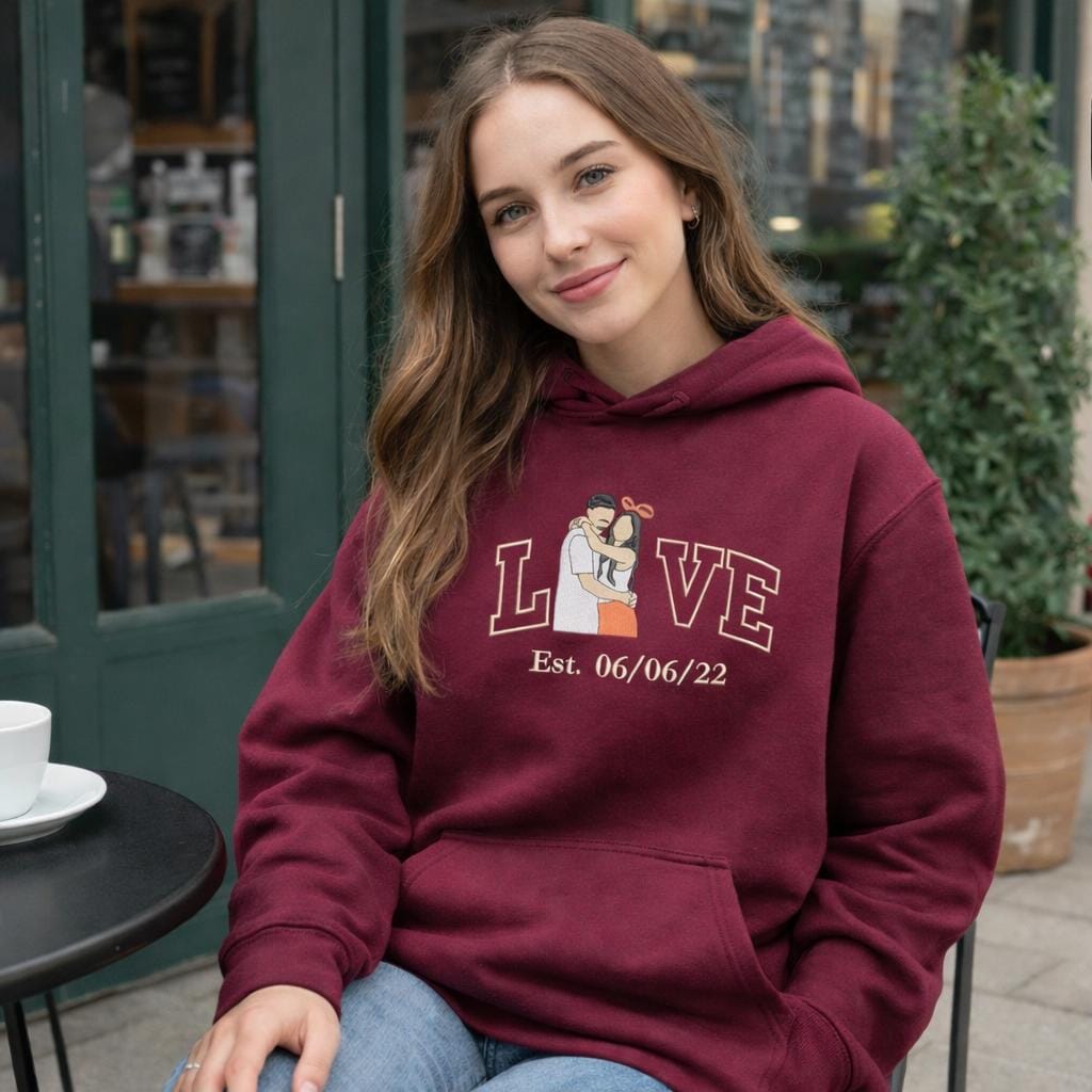 Custom Embroidered Hoodie for Girlfriend, Couple Portrait Embroidery Hoodie, Personalized Valentine Sweatshirt