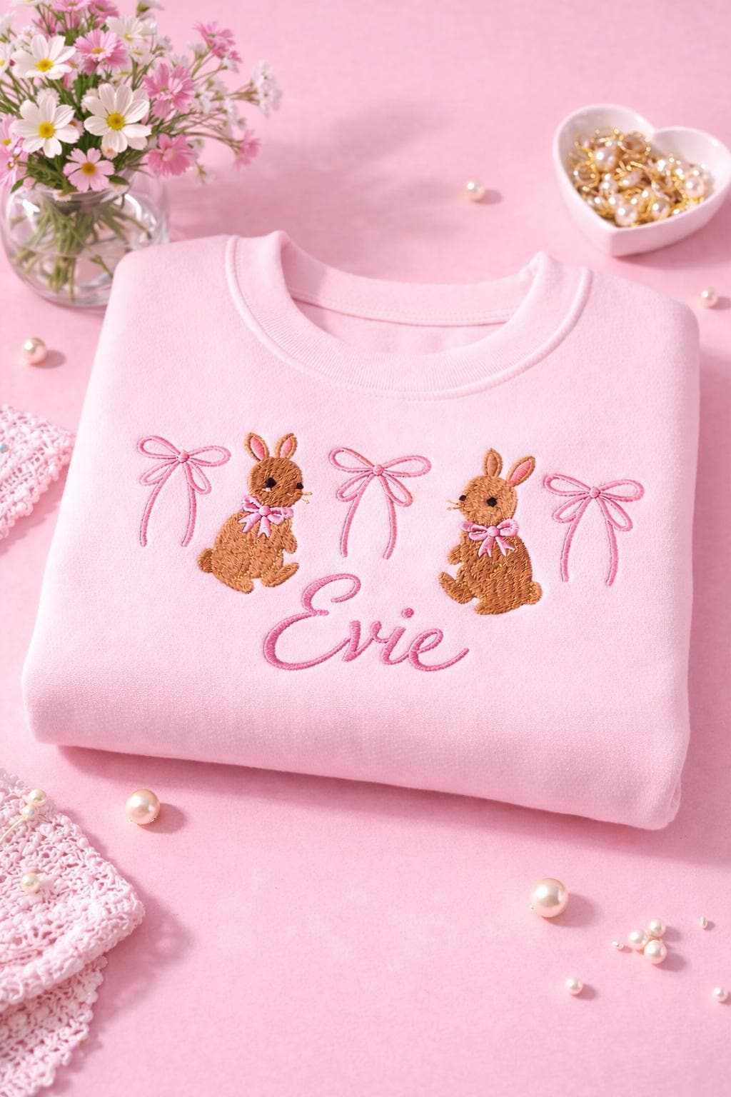 Pastel Bunny Embroidered Sweatshirt with Bows, Cute Cottagecore Crewneck Pullover, Personalized  Easter Aesthetic Sweater, Soft Girl Spring Easter Outfit,