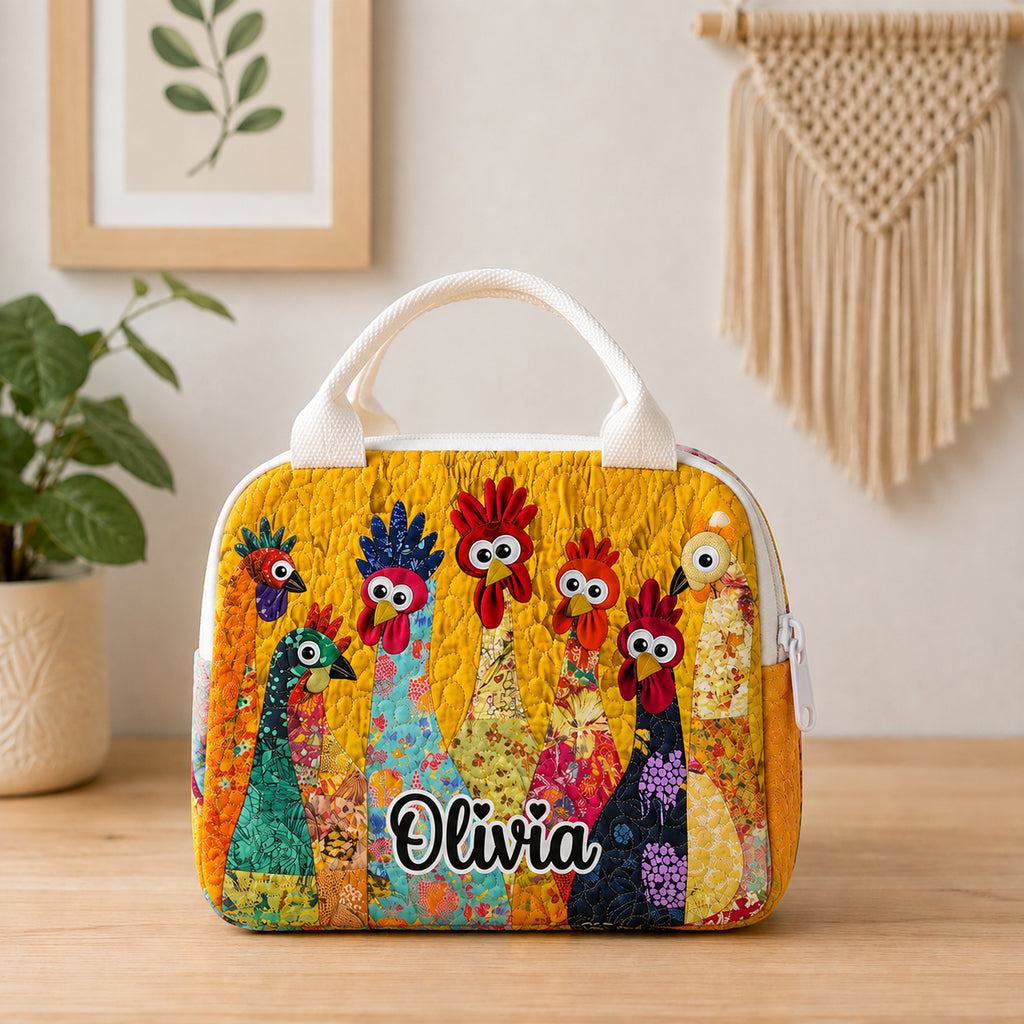 Personalized Quilted Lunch Bag, Insulated Quilted Lunch Tote, Custom Name Lunch Bag, Cute Chicken Lunch Bag, Reusable School Lunch Tote QLB01