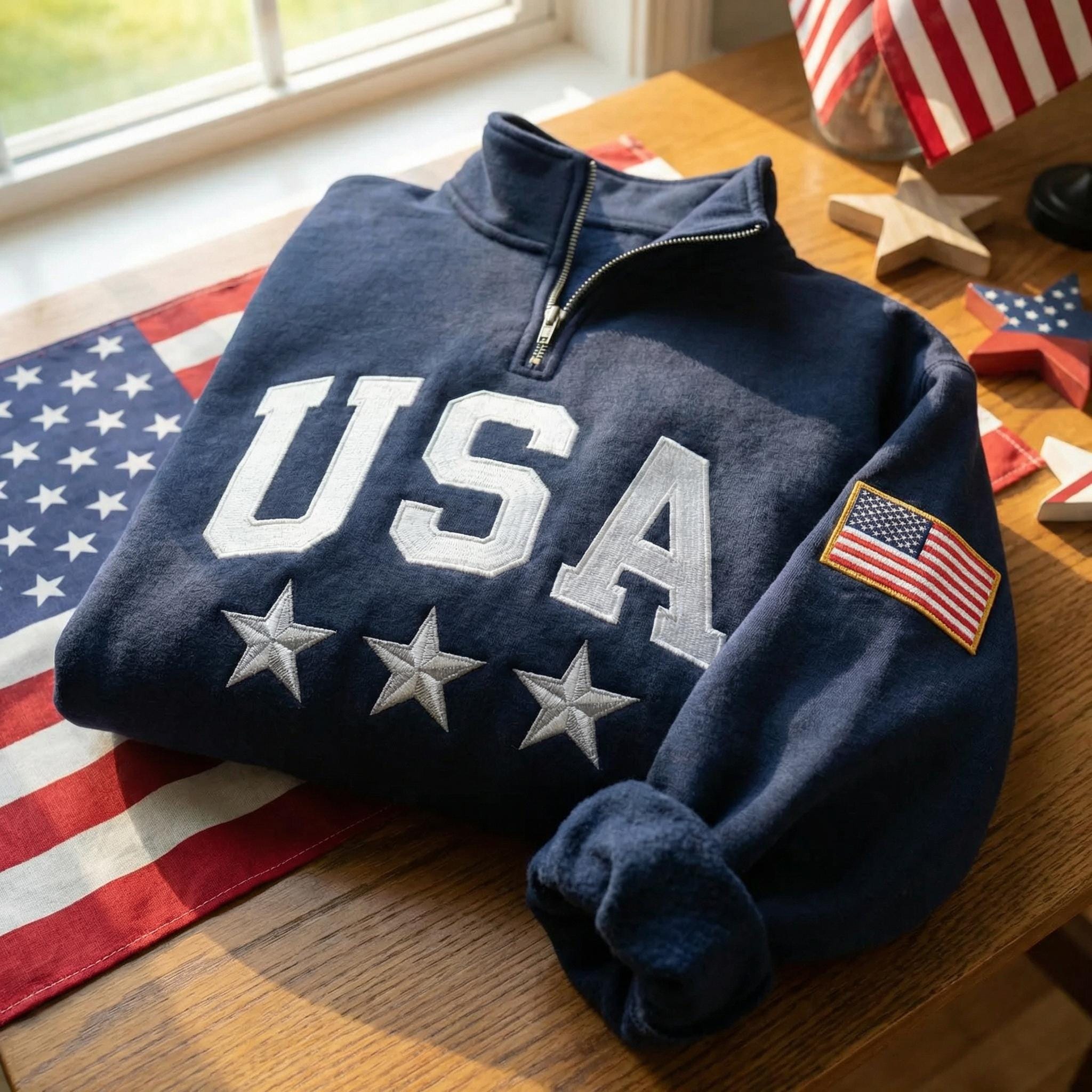 Embroidered USA Quarter Zip Sweatshirt, Retro USA With Flag Shirt, USA Pride, Semiquincentennial Gift