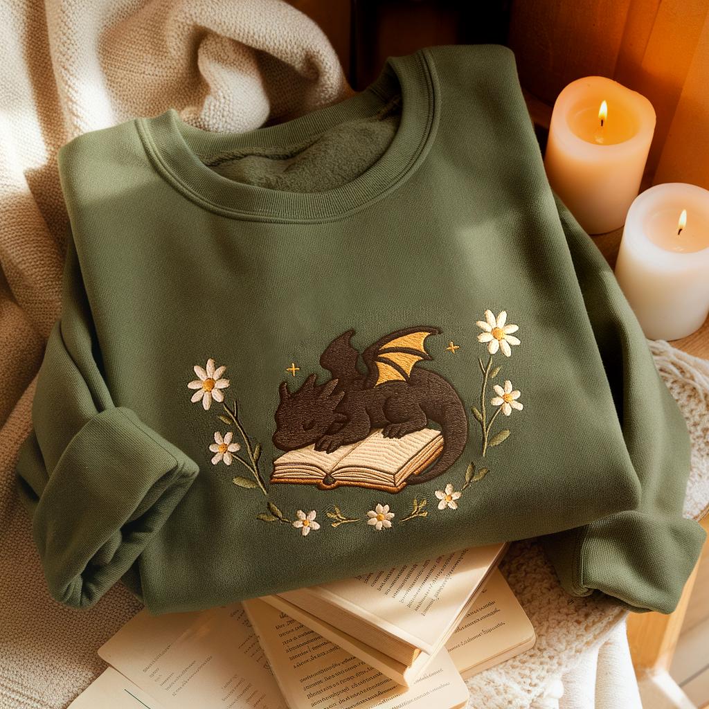 Dragon Book Embroidered Sweatshirt, Fantasy Bookworm Sweater, Cottagecore Reader Shirt
