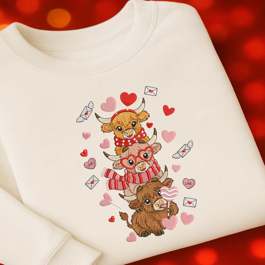 Highland Cow Embroidery Sweatshirt, Valentine Coquette Embroidery Sweatshirt, Retro Valentine Heart