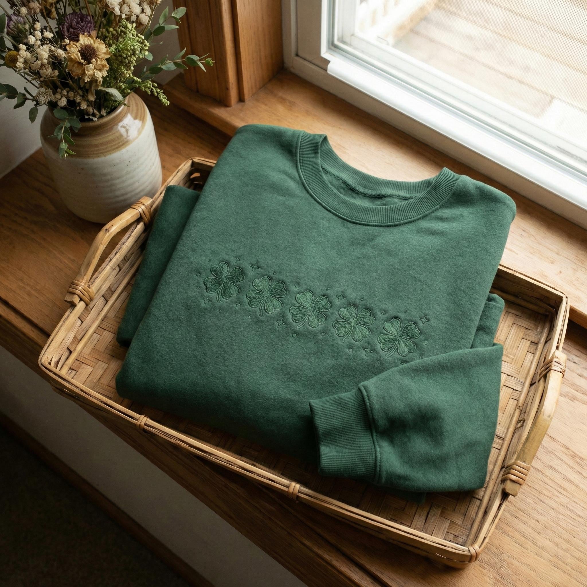 Embroidered Clover Sweatshirt, St. Patrick’s Day Irish Shirt, Lucky Tone-on-Tone Crewneck, Patrick’s Day Family Gift
