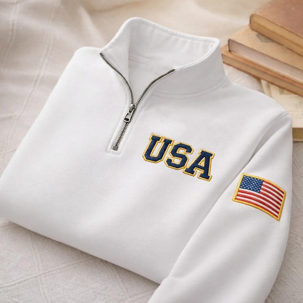 USA Quarter-Zip Embroidered Sweatshirt, Semiquincentennial Tee, Retro USA With Flag In Sleeve Shirt, USA Pride Gift