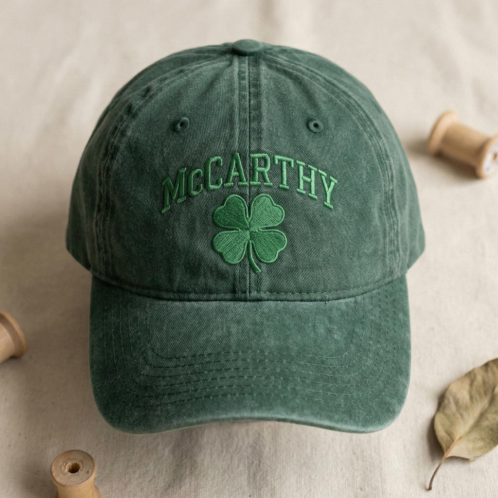 McCarthy Surname Hat, Custom Irish Name Cap, Embroidered Shamrock Name Hat, St Patricks Day Family Gift, Washed Green Dad Cap, Irish Pride