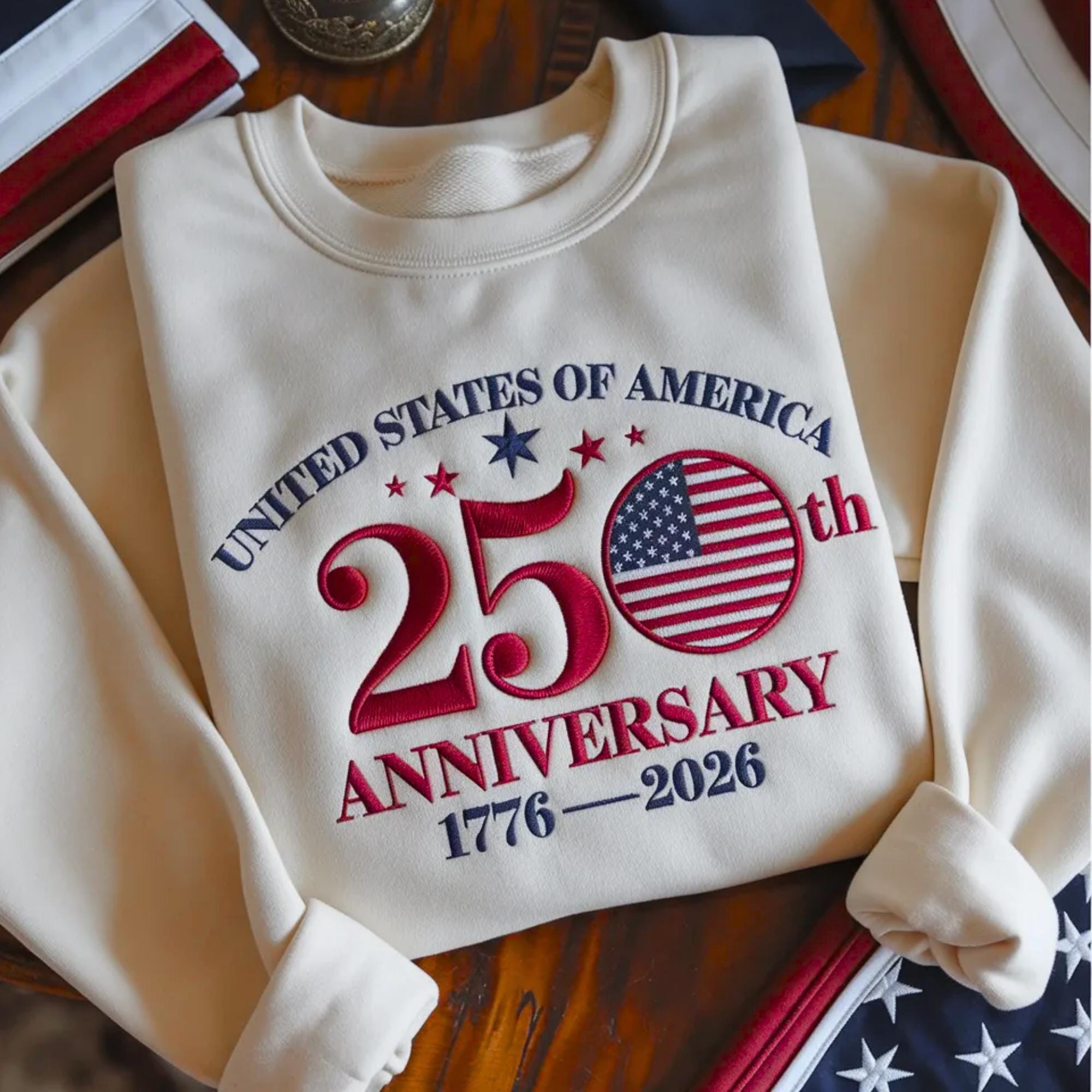 Embroidered USA 250th Anniversary Sweatshirt, Patriotic 4th of July Tee
