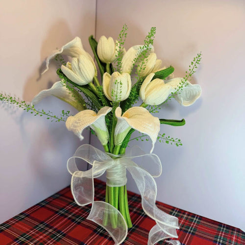 Crocheted Wedding Bouquet, White Tulip Bridal Bouquet, Handmade Wedding Bouquet, Everlasting Wedding Flowers, Wedding Anniversary Gift WEDDINGF01