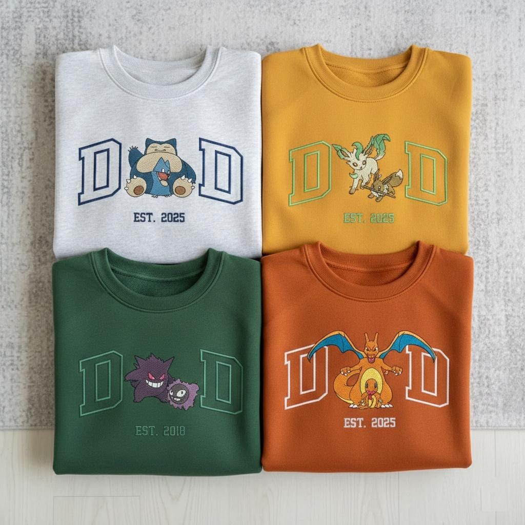Personalized Dad PKM Embroidered Sweatshirt, Custom Anime Characters Embroidery, Pokedad Unisex Cotton Shirt