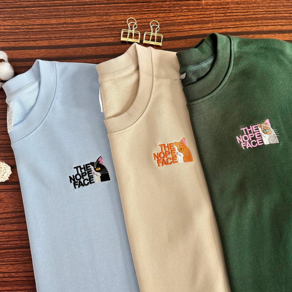 Nope Face Cat Embroidered Sweatshirt – Funny Cat Lover Gift, Cozy Pet Lover Crewneck
