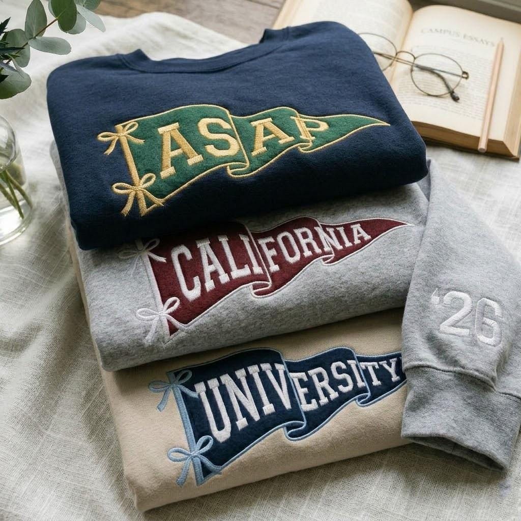 Embroidered Custom College Pennant Sweatshirt, Personalized Team Apparel, University Flag Name Sweater, Mascot Shirt, Senior Class Gift, Varsity Crewneck