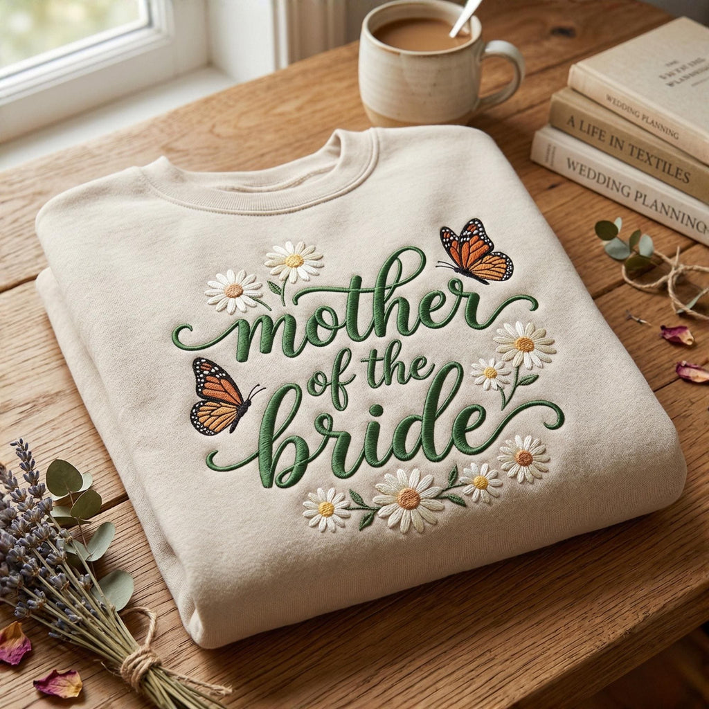 Mother of the Bride Embroidered Sweatshirt, Custom Wedding Date Shirt, Personalized Bridal Party Gift, Cozy Wedding Sweatshirt