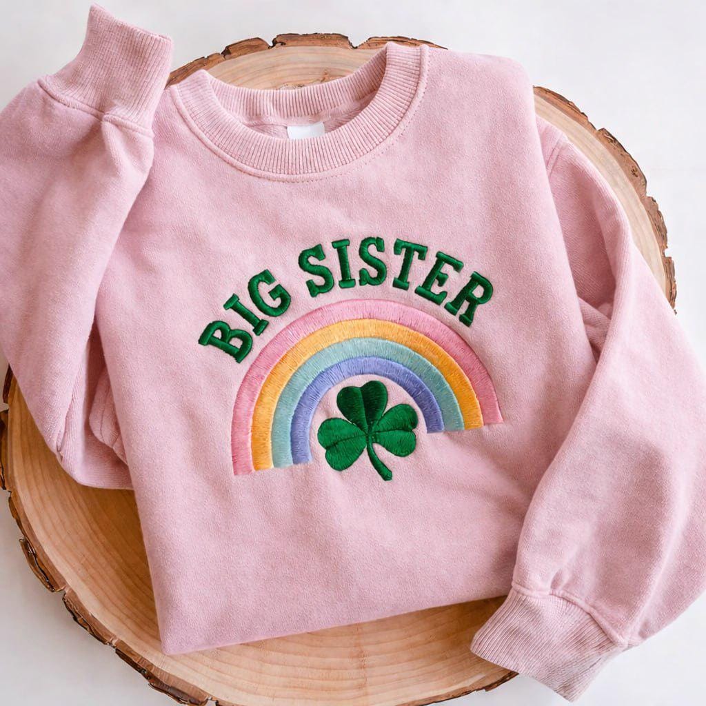 Big Sister Embroidered St. Patrick’s Day Sweatshirt – Kids Shamrock Embroidered Crewneck, Cute Irish Green Sweatshirt