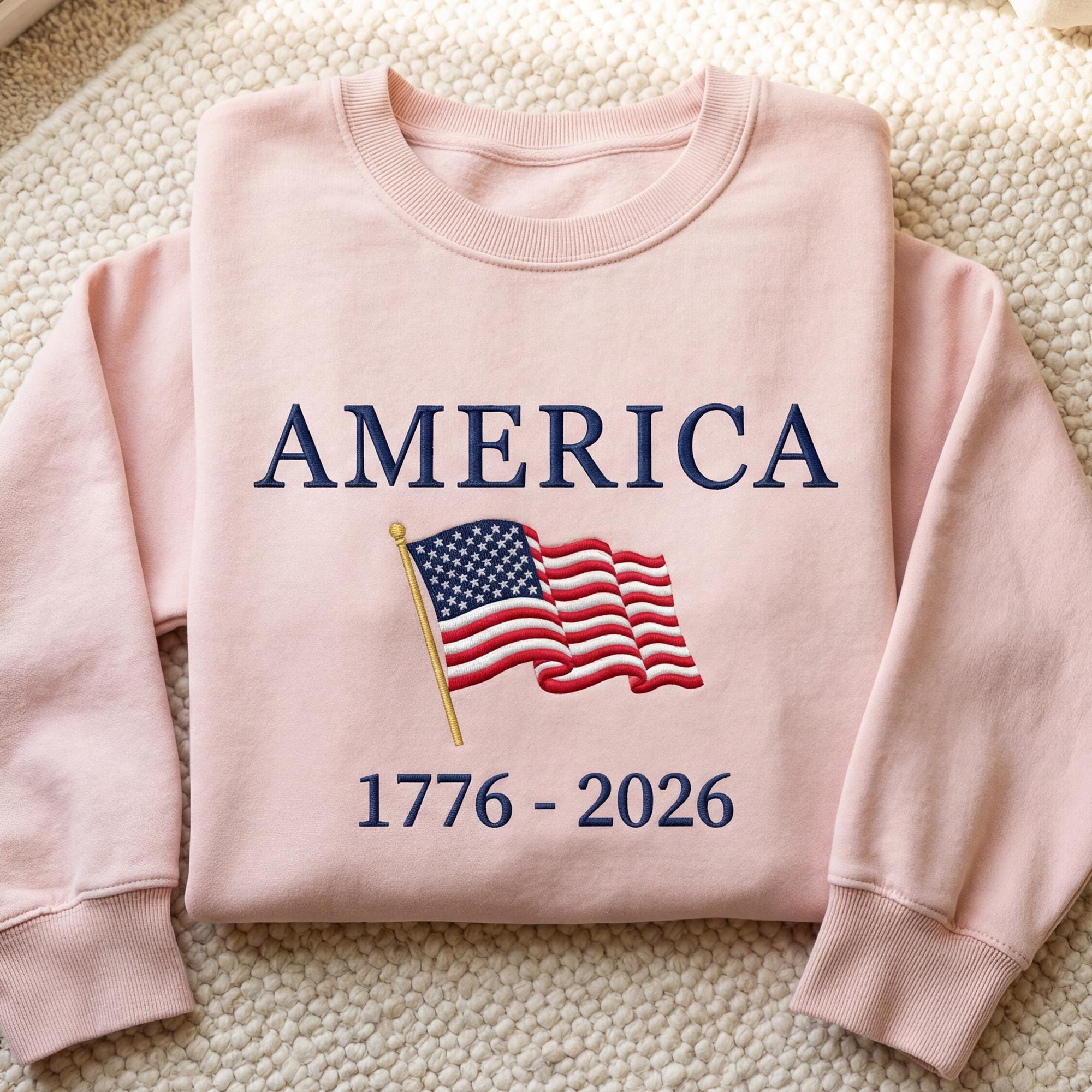 Embroidered 250th Anniversary America Sweatshirt, 1776-2026 USA Flag Crewneck, Custom July 4th Independence Gift, Red White Blue US Apparel