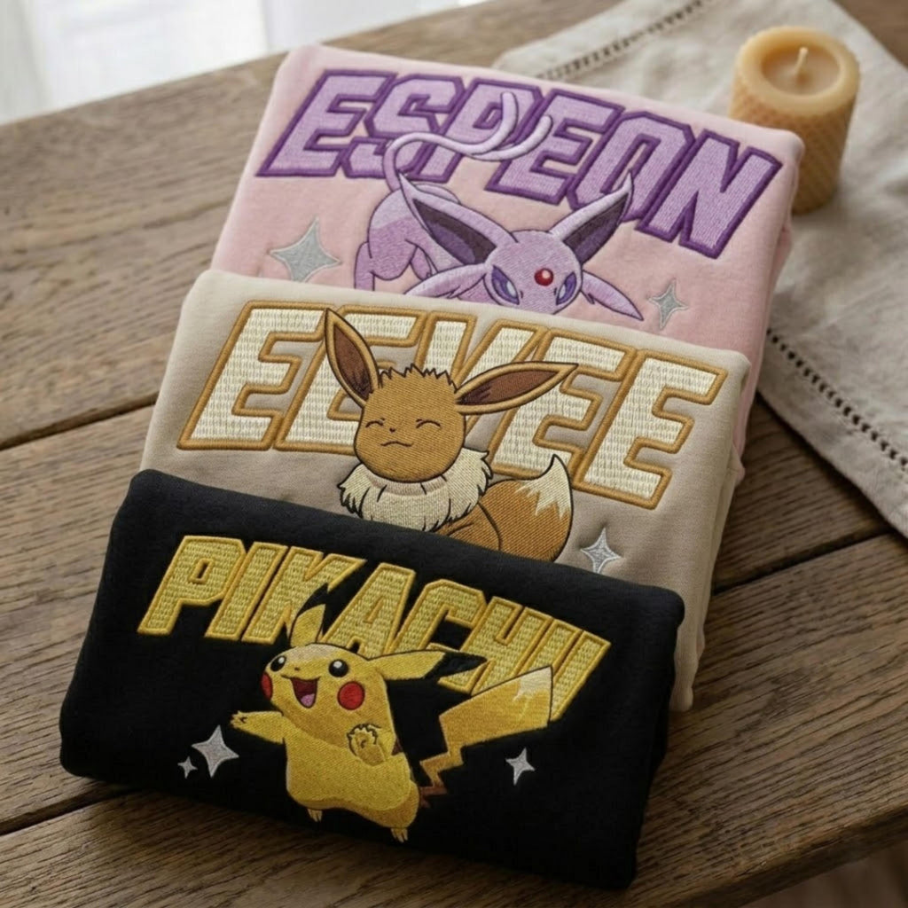 Custom Poke Character Embroidered Hoodie, Personalized Anime Sweatshirt, Cute Embroidery Hoodie, Gift for Pokemon Fans, Unisex Gift