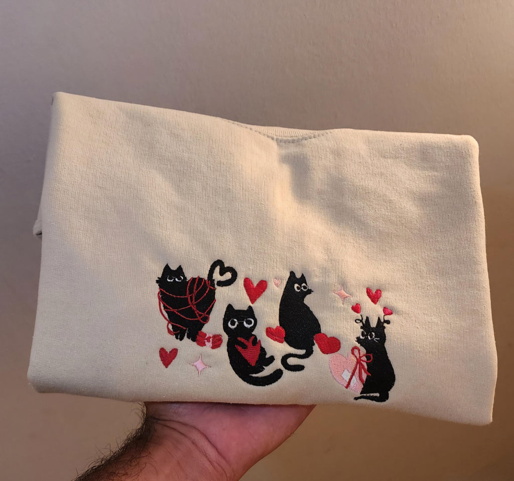 Valentine’s Black Cats Embroidered Sweatshirt, Cat Love Crewneck, XOXO Valentine Sweater