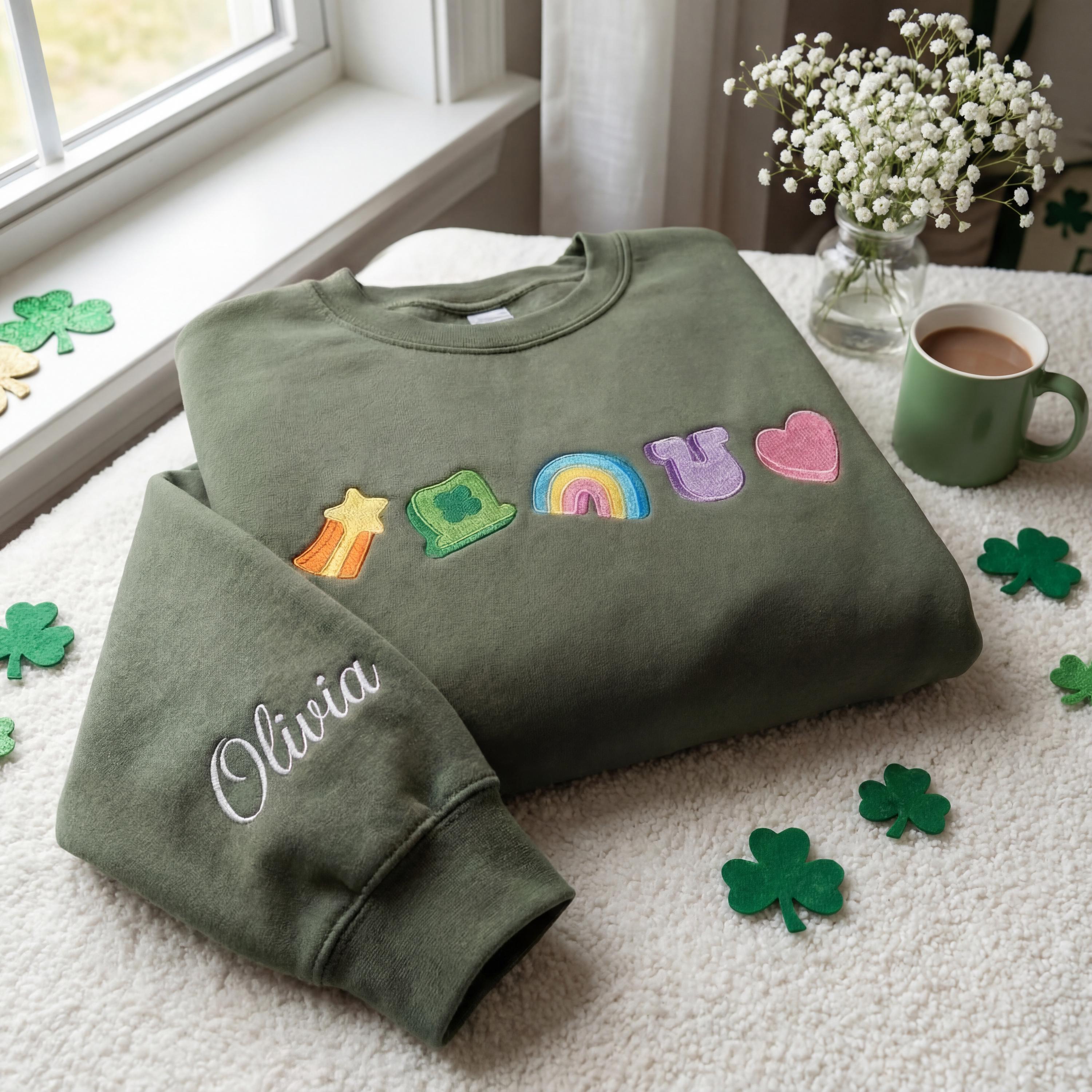 Lucky Charm Embroidered Sweatshirt – Cute Irish Design, St. Patrick’s Day Trendy Gift Crewneck