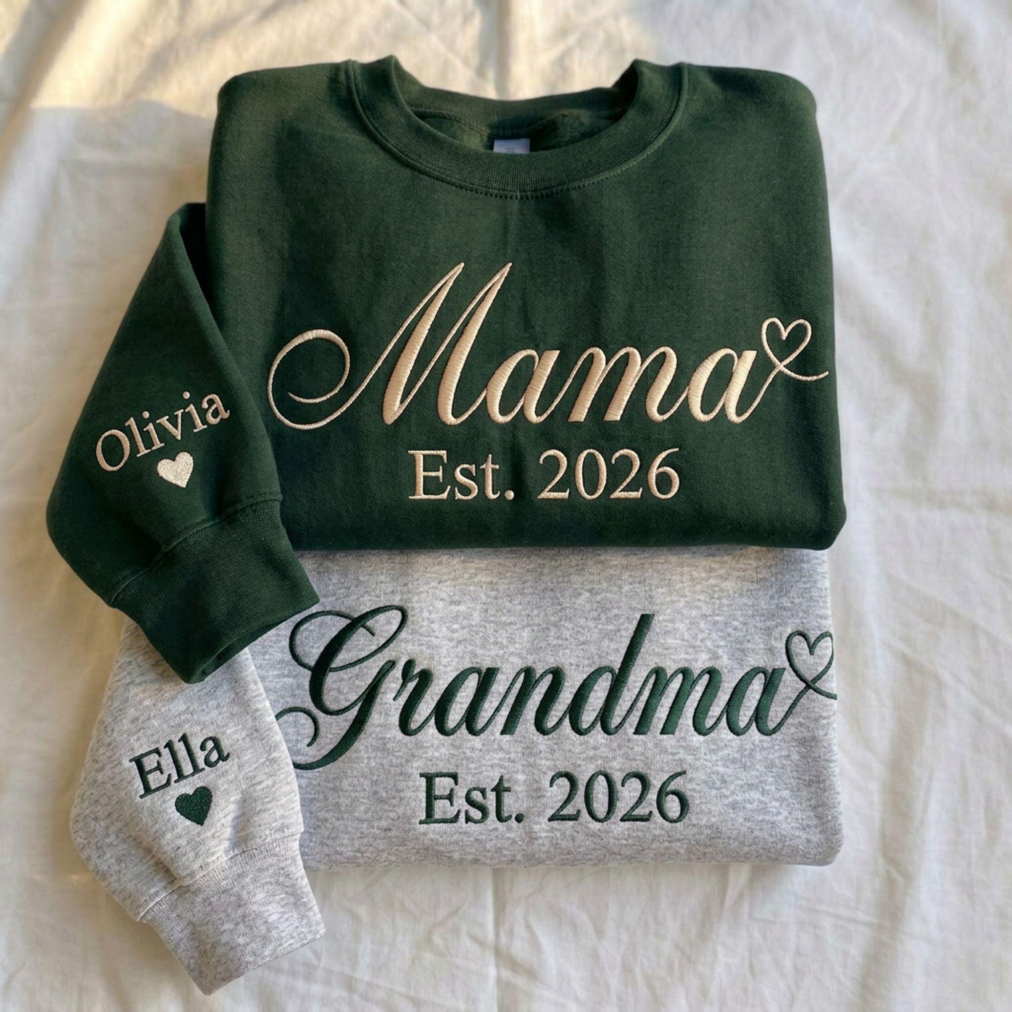 Custom Embroidered Mama Grandma Sweatshirt & Hoodie, Name On Sleeve With Heart, Gift For New Mom, Mothers Day Gifts