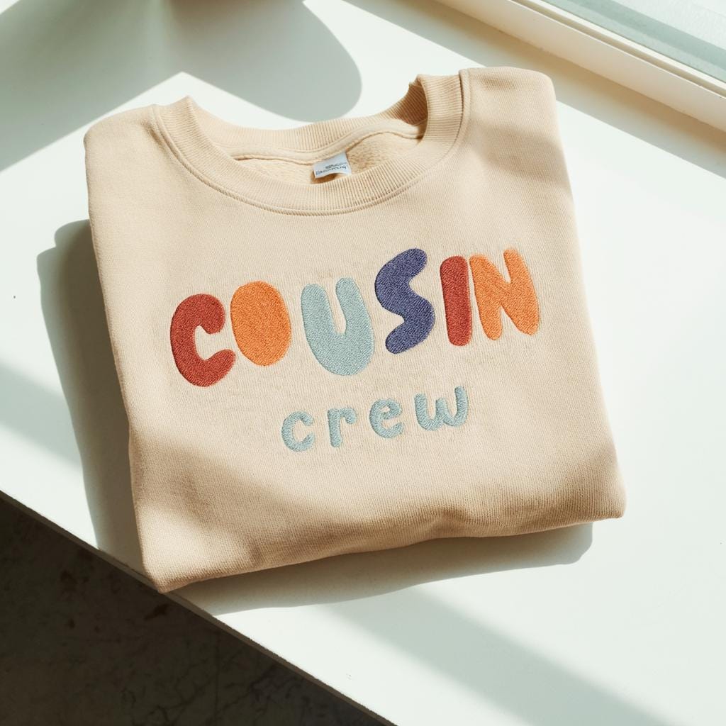 Embroidered Cousin Crew Sweatshirt, Kids Retro Embroidery Shirt, Matching Family Outfits, Personalized Toddler Baby Gift, Baby Shower Gift