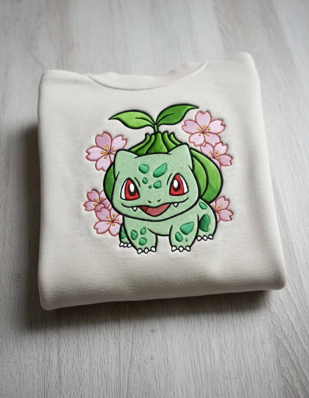 Bulbasaur Embroidered Sweatshirt, Cherry Blossom Poke T-shirt, Anime Inspired Floral Hoodie Gift, Gift for anime fan