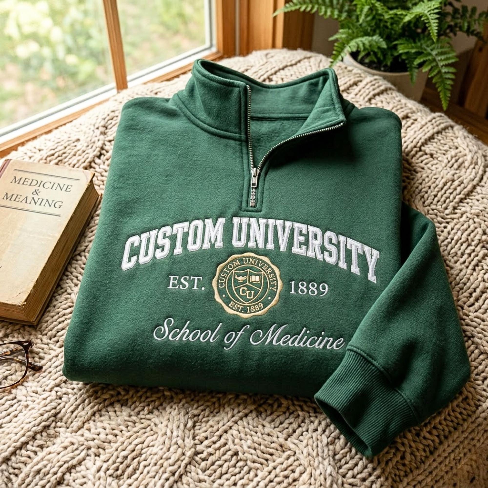 Custom University School of Medicine Quarter Zip Sweatshirt, Personalized Logo Hoodie