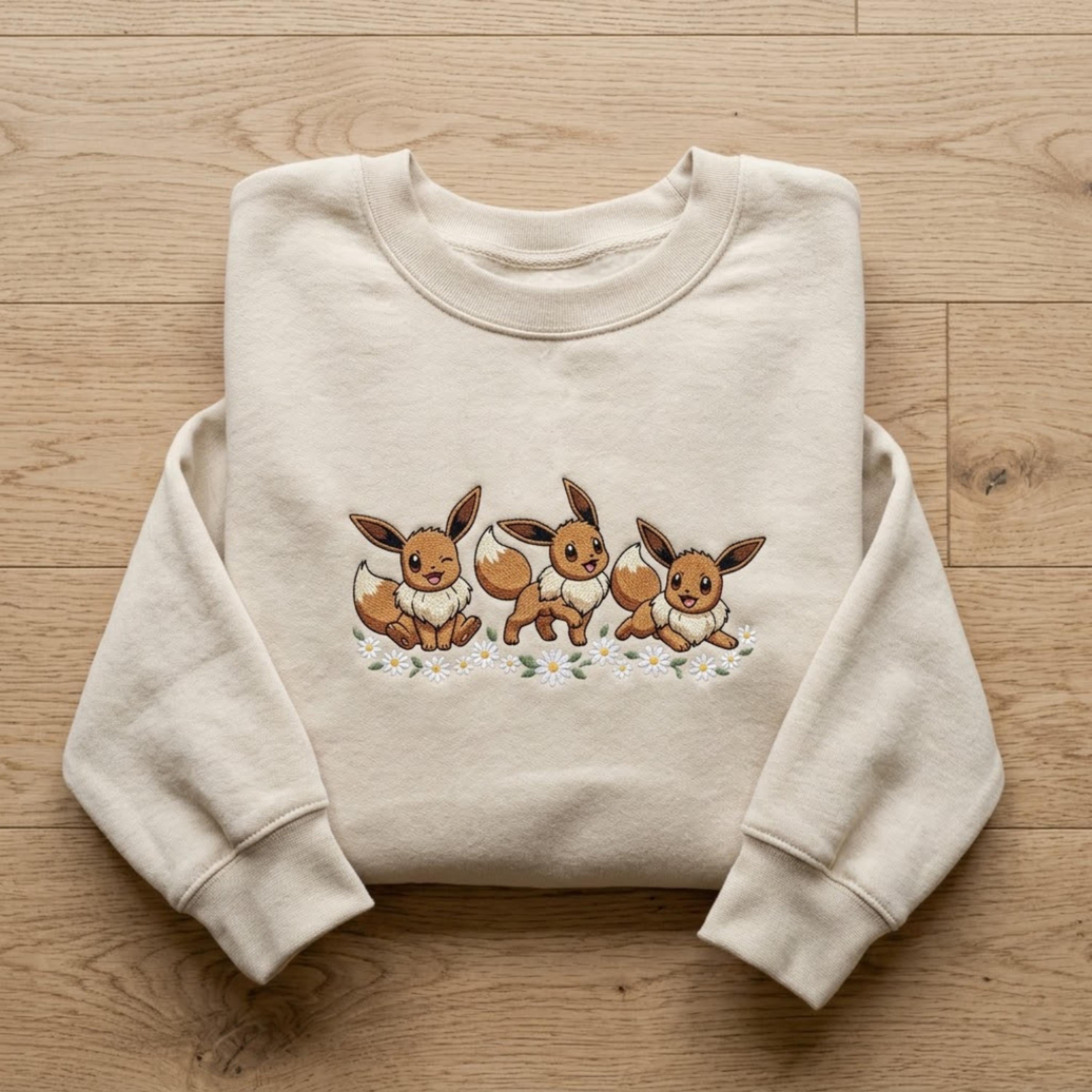 Eevee Embroidered Sweatshirt, Cute Poke Crewneck, Kawaii Anime Embroidery Shirt, PKM T-shirt, Gamer Gift, Pastel Aesthetic