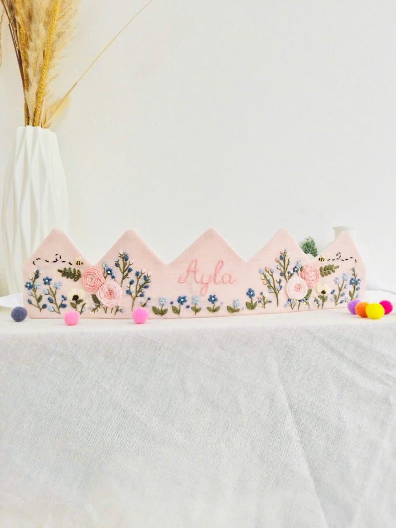 Hand-Embroidered Linen Birthday Crown,  Personalized Floral Name Keepsake, Birthday Crown For Kid, Custom Embroidered Crown EMC01