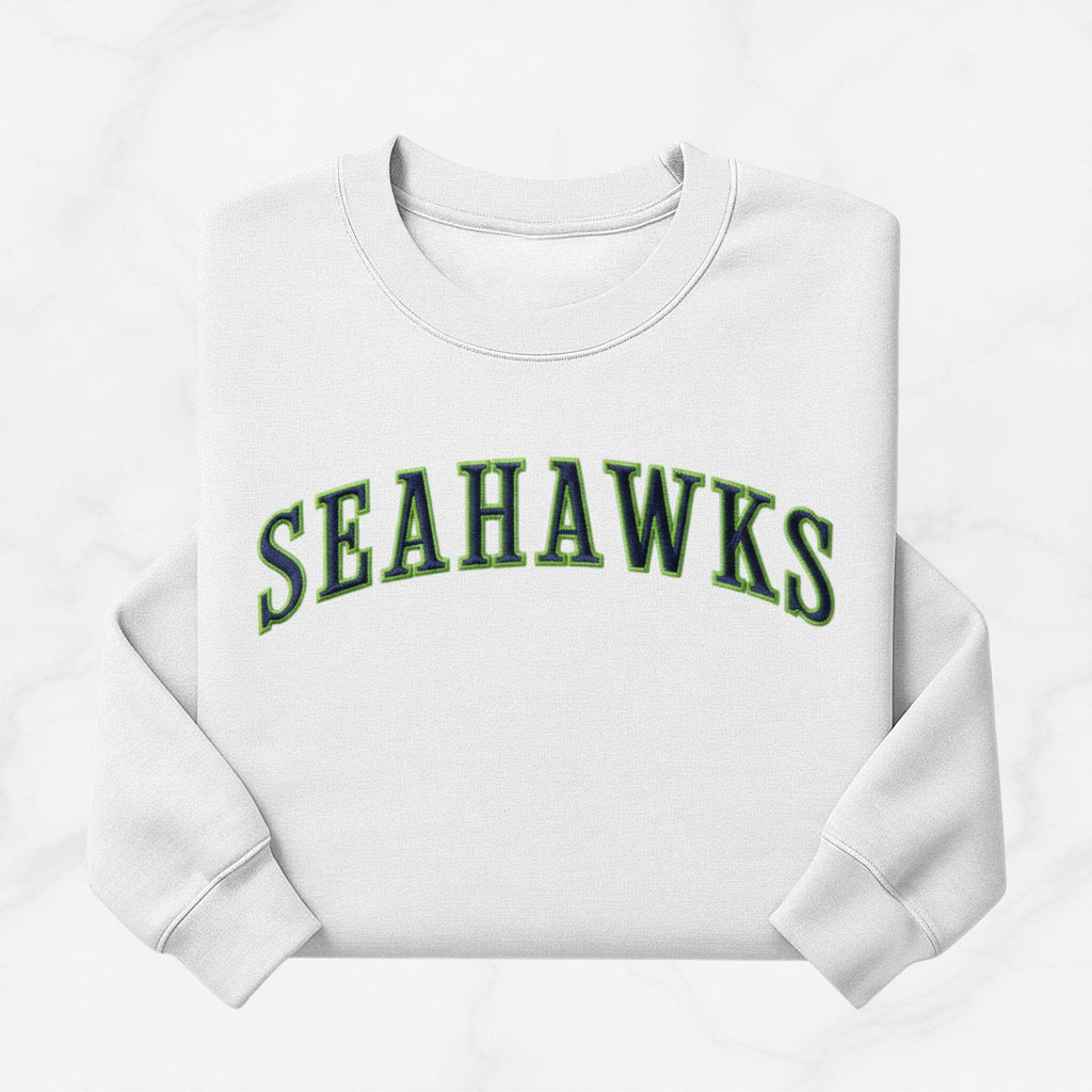 Embroidered Seahawks Crewneck Sweatshirt, Green and Navy Lettering, Seattle Football Fan Merch Apparel