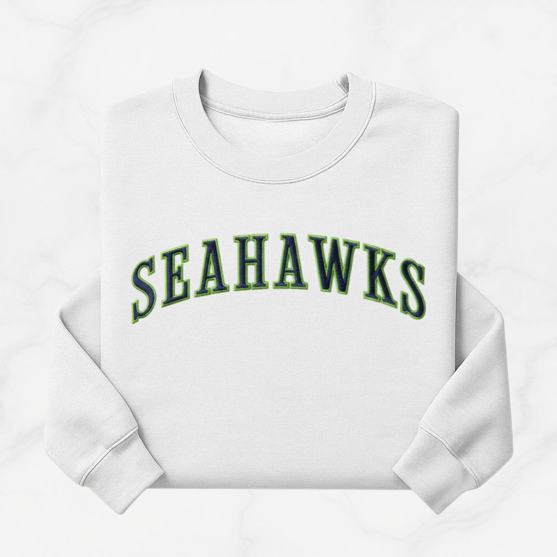 Embroidered Seahawks Crewneck Sweatshirt, Green and Navy Lettering, Seattle Football Fan Merch Apparel
