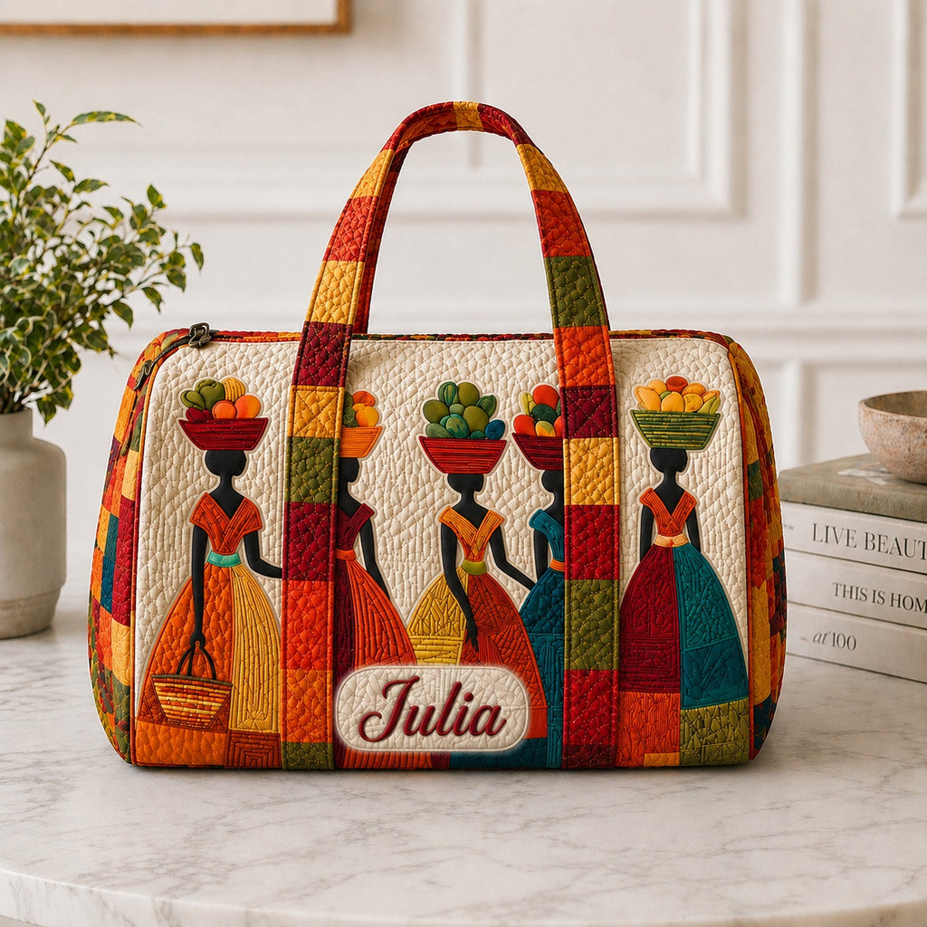 Personalized African Art Quilted Duffle Bag, African Women Art Travel Bag, Custom Name Weekender Bag, Quilted Overnight Bag, Gift for Women DFB23