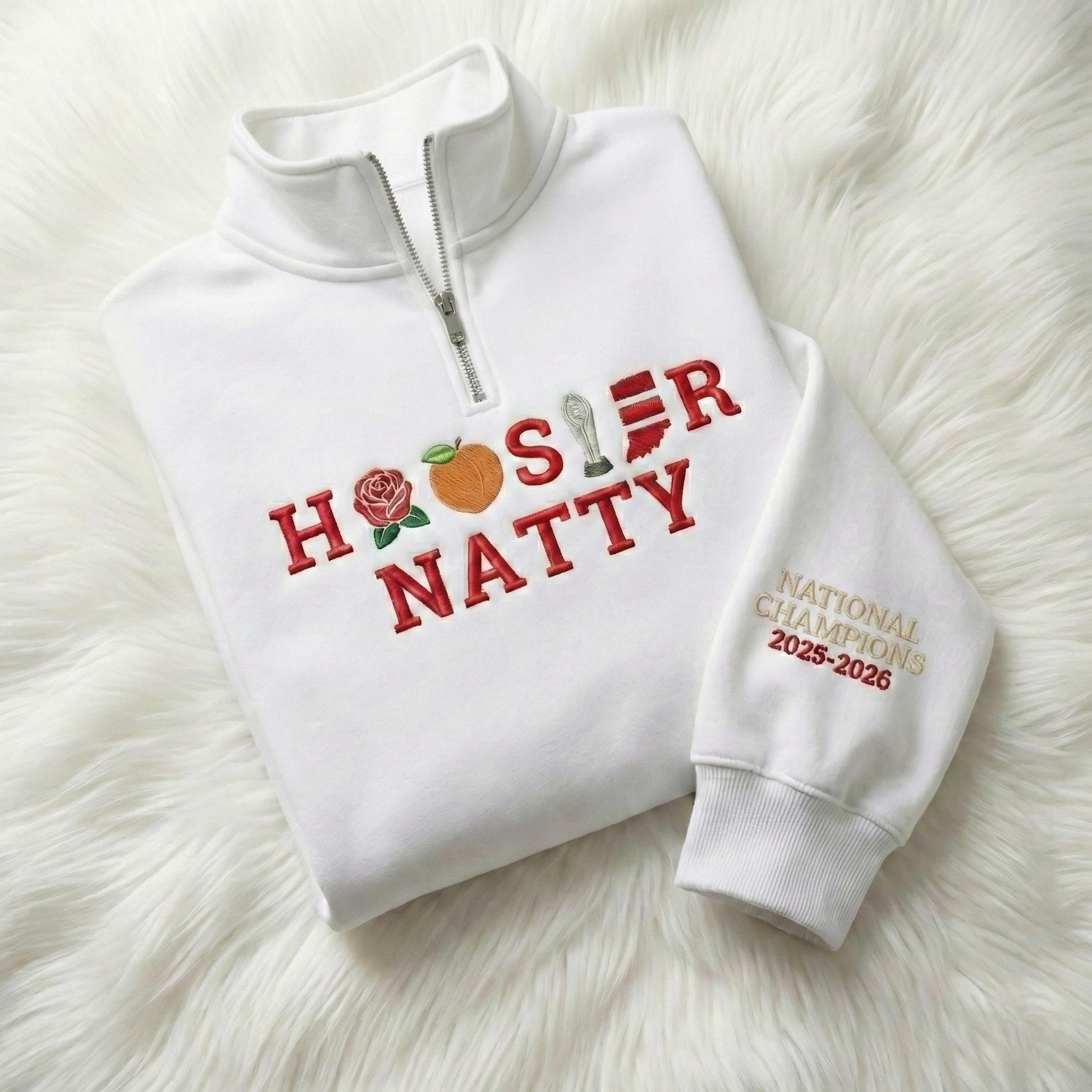 Embroidered Indiana Champions 2026 Quarter Zip Sweatshirt – Hoosiers Trophy Sweater, Unisex Indiana Fan Apparel, Game Day Embroidery