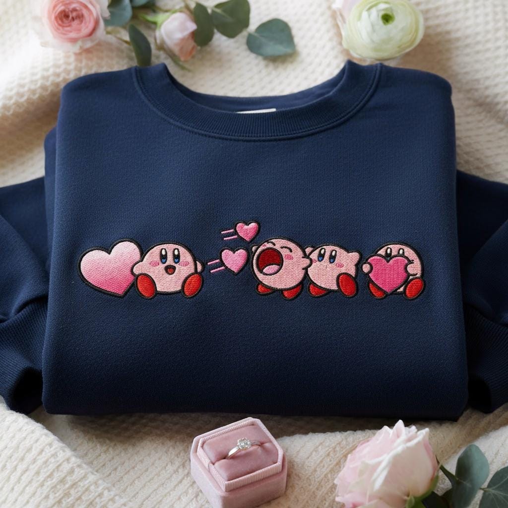 Embroidered Kirby Valentine Sweatshirt with Heart Design, Cute and Funny Valentine’s Day Sweater, Perfect Gift for Girlfriend, Boyfriend or Kirby Lovers