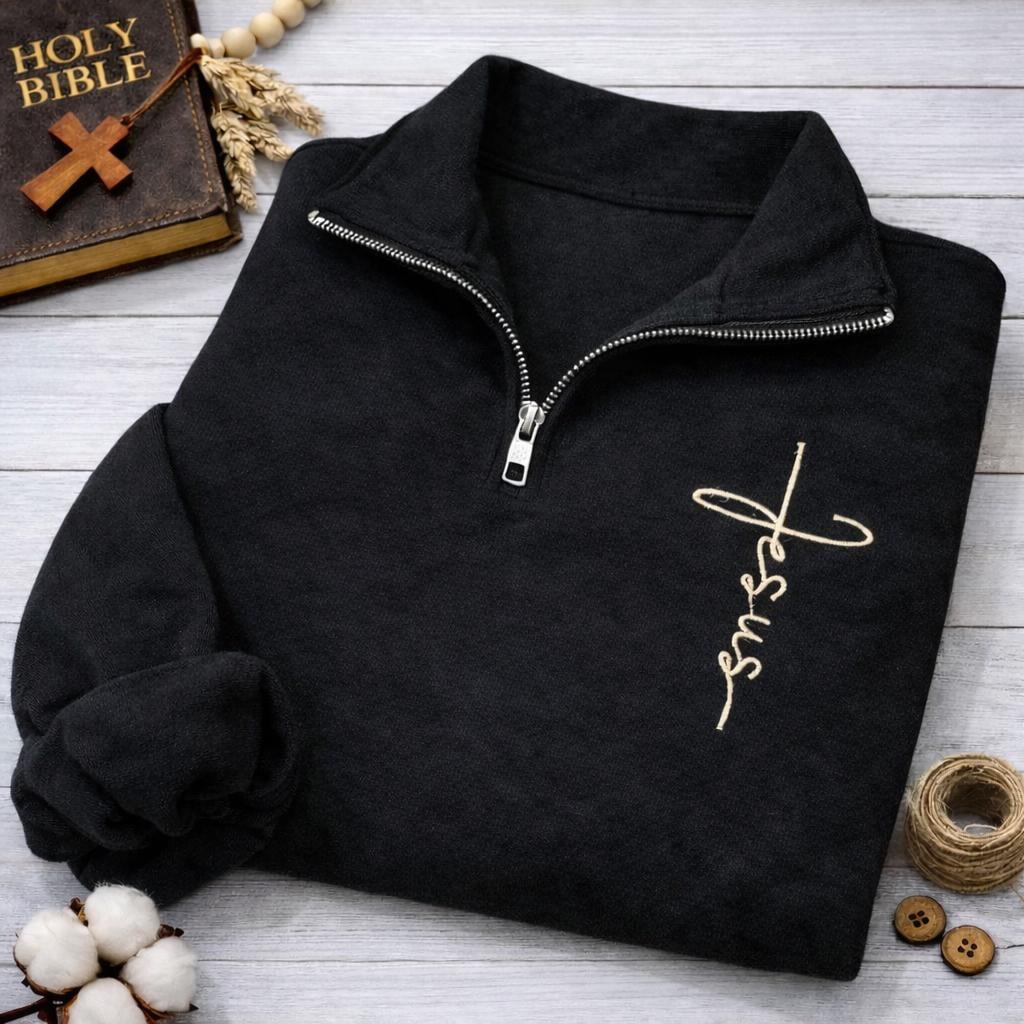Jesus Embroidered Quarter Zip Sweatshirt, Christian Faith Pullover, Minimal Cross Shirt, Religious Cozy Top, Christian Gift for Women