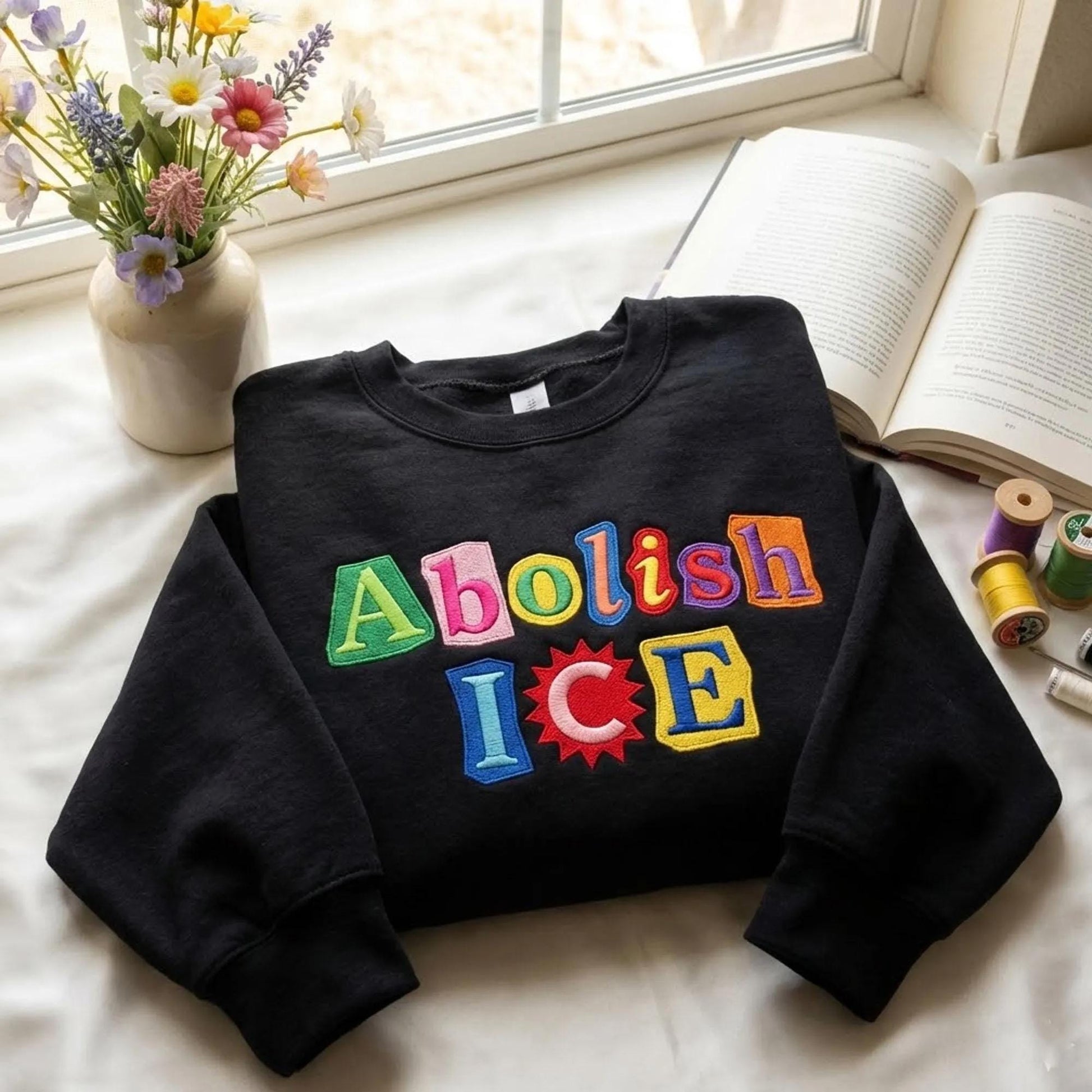 Abolish ICE Embroidered Sweatshirt – Magazine Letter Style | No Human Is Illegal, Anti-ICE Political Protest Gift