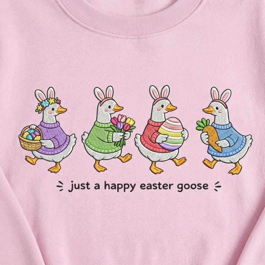 Just a Happy Easter Goose Embroidered Sweatshirt, Cute Goose Bunny Ears Hoodie, Funny Easter Animal Shirt, Spring Garden Party Apparel