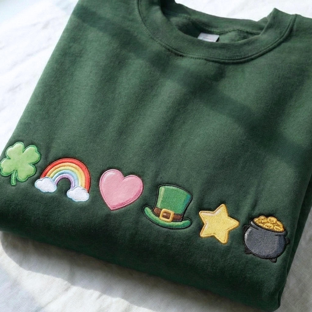 St. Patrick’s Day, Irish Lucky Icons Embroidered Sweatshirt, Funny Crewneck