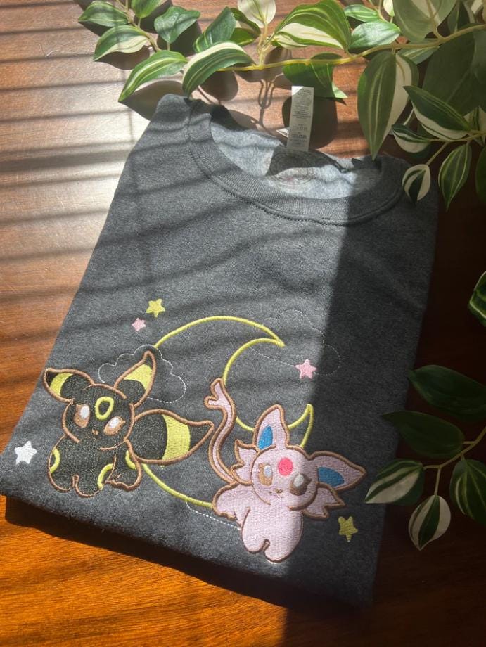 Embroidered Sun & Moon Espeon and Umbreon Shirt, Espon Psychic Sun and Crescent Moon Embroidery, Couple Anime PKM Sweatshirt, Anime Fan Gift