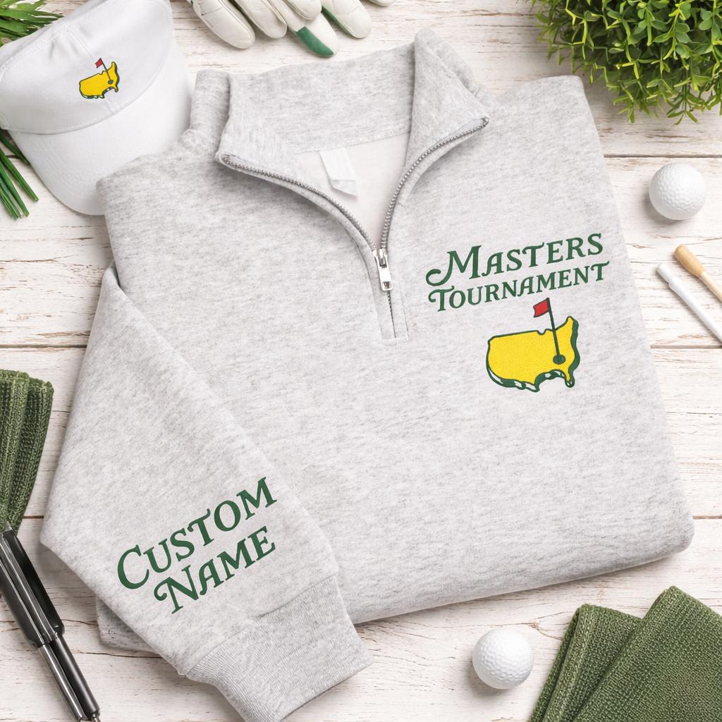 Masters Tournament Embroidered Quarter Zip Golf Sweatshirt, Custom Name Sleeve Golf Pullover, Golf Lover Gift, Augusta Inspired Half Zip