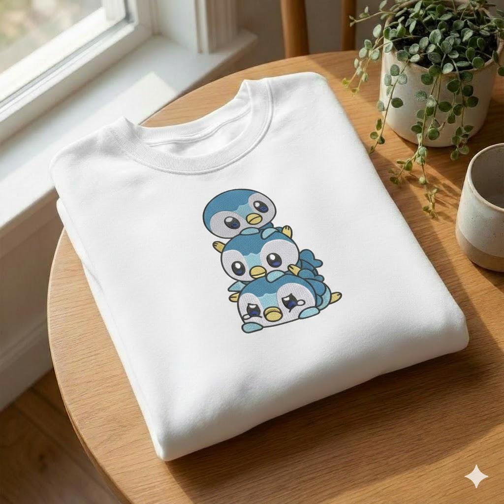 Piplup Embroidered Cute Penguin Pokemon Crewneck, Custom Piplup Stack Anime Embroidery Gift