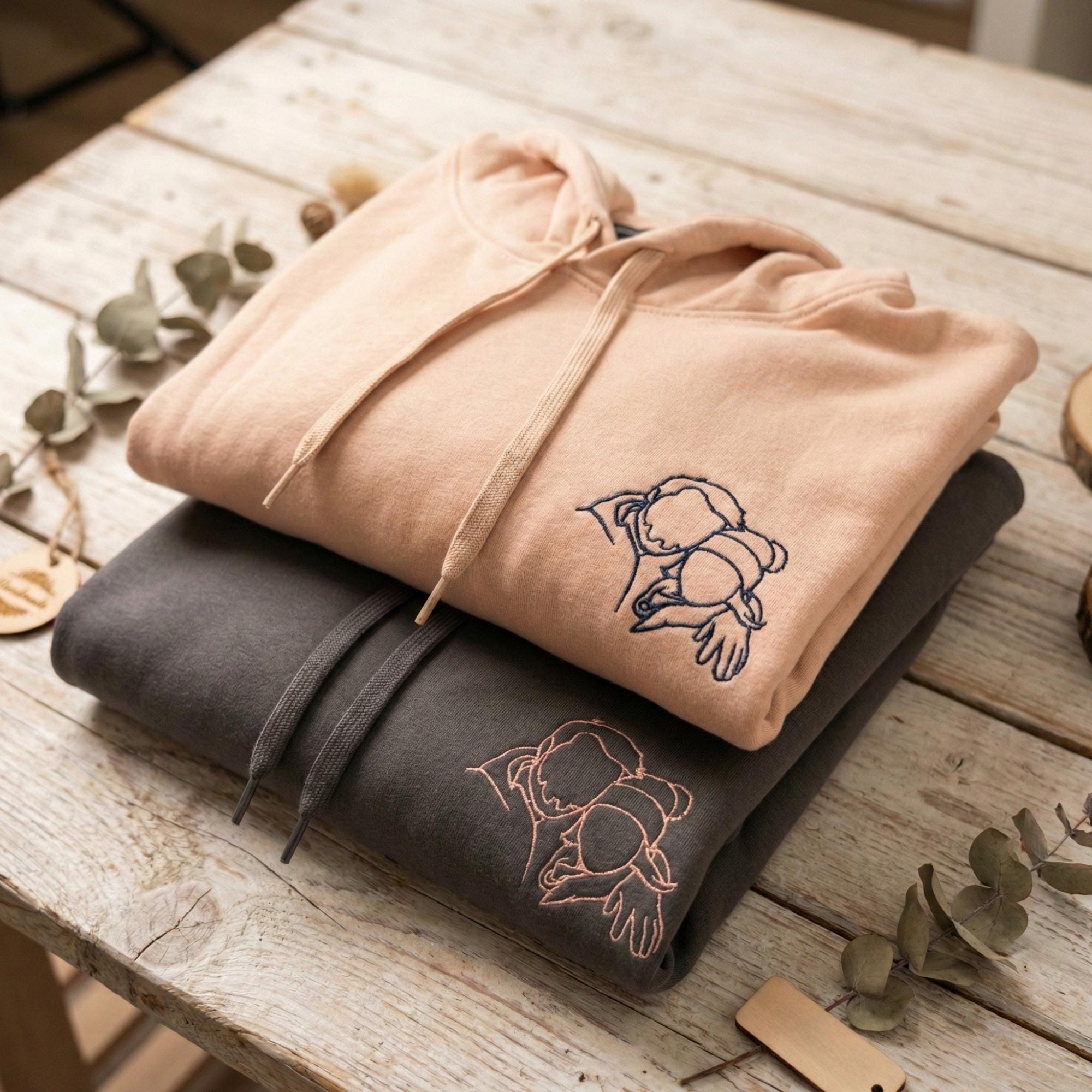 Custom Photo Embroidered Hoodie, Sketch from Photo, Personalised Couple or Family Portrait Hoodies, Line Art Embroidery Gift