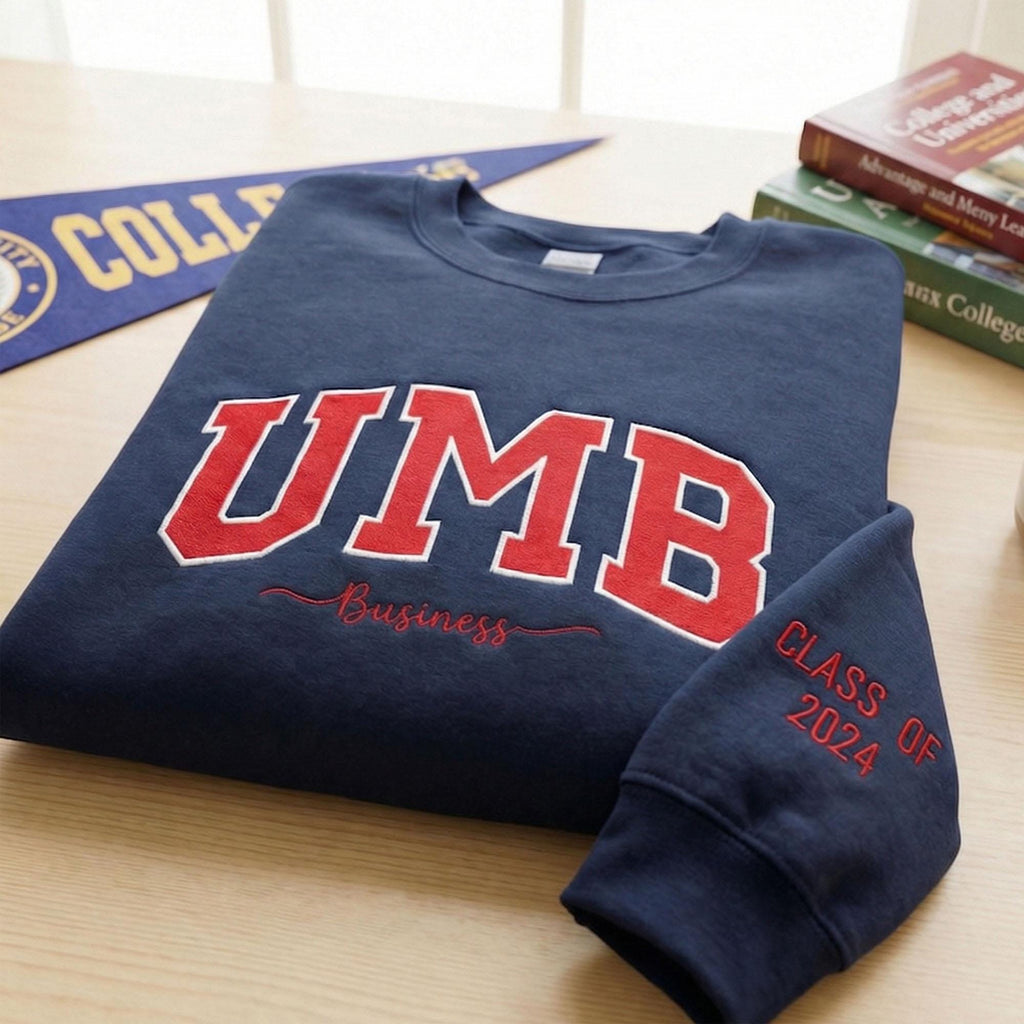 Custom Filled Embroidered Varsity Sweatshirt, Personalized College University Crewneck, Game Day Apparel, Custom Team Name Gift, Unisex Sweatshirt